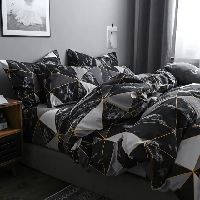 Unyqoos Moderne zwart-wit dekbedovertrekset met marmerlook en geometrisch patroon
