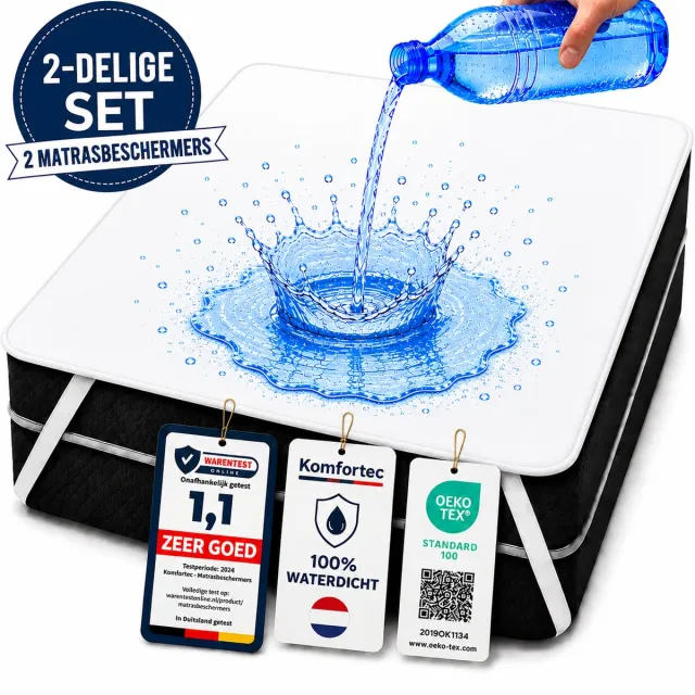 Komfortec Set van 2 Waterdichte Matrasbeschermers 180x200 cm Dubbelpak - Matrasbeschermhoes - Ademende Matrashoes - Niet Krakende Matrasbeschermer - Incontinentiemateriaal - Wit 2x180x200
