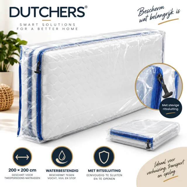 Dutchers Beschermende Plastic Matras Bekleding matraszak 90 x 200 x 30 cm met ritssuliting, ondoorzichtig, extra scheurvast 120µ voor matrastransport, verhuizen, opbergen, opslag, vervoer, Opbergzak transparant
