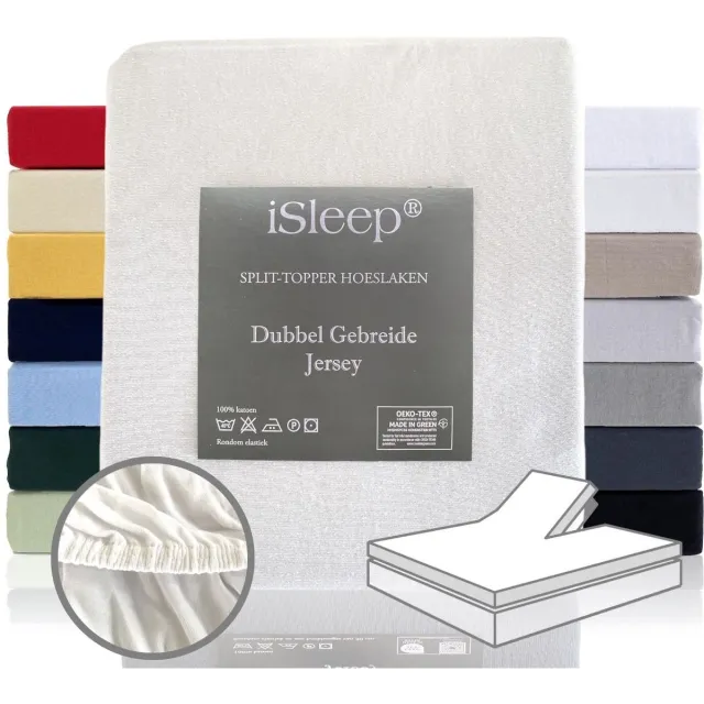 iSleep Dubbel Gebreide Jersey Split-Topper Hoeslaken - Rondom Elastiek - Tweepersoons - 160x200/210/220 - Wit