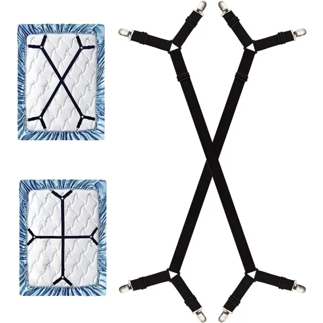 longziming 2 Stuks Verstelbare Hoeslaken Spanners – Kruisvormige Bedlaken Klemmen – Anti-Slip Matrasbanden – Sterke Elastische Lakenspanners zwart
