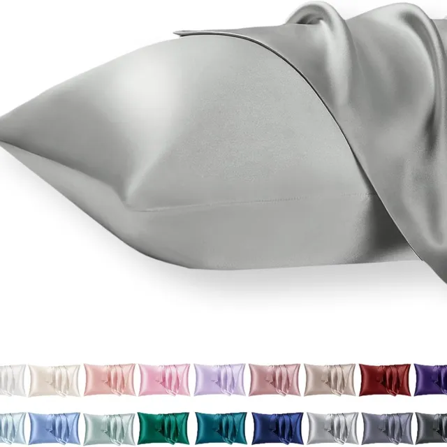 Famanu Satijnen kussenslopen 50x70 cm lichtgrijs set 2, zijdeachtig zacht voor krullend haar, satijn met ritssluiting en wasbaar Light Grey
