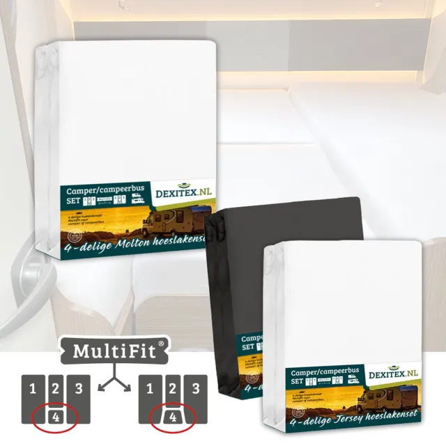 dexitex 1 x Molton 1 x Hoeslaken Antraciet + 1 x Hoeslaken Wit / 4 delige set-Geschikt voor Camper lengtebedden of enkele bedden 1 x moltons/ 1 x hoeslakens Wit + 1 x Hoeslakens Antraciet