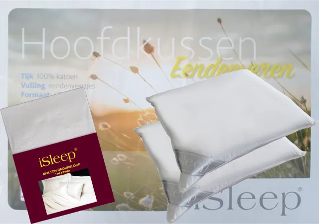 iSleep Veren Hoofdkussen Set (2 Kussens + 2 iSleep Moltonslopen) - Eendenveren - Stevig - 1700 gram - 60x70 cm - Wit