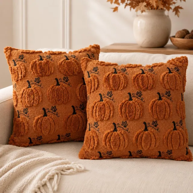 Famanu Set van 2 kussenslopen in karamelkleur, 45 x 45 cm, herfstdecoratie voor binnen, ideaal voor het opfrissen van je bank, stoel of bed in een gezellige sfeer wit
