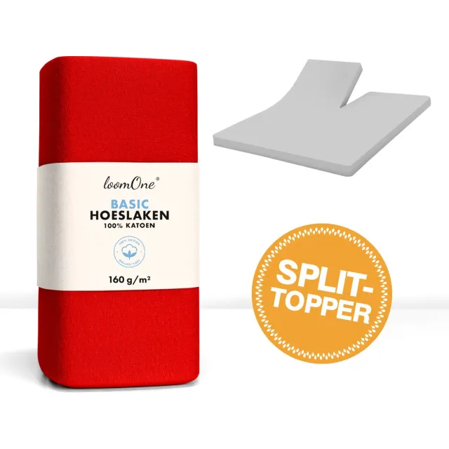 Loom One Hoeslaken Splittopper – 100% Jersey Katoen – 200x200 cm – tot 10cm matrasdikte– 160 g/m² – Rood
