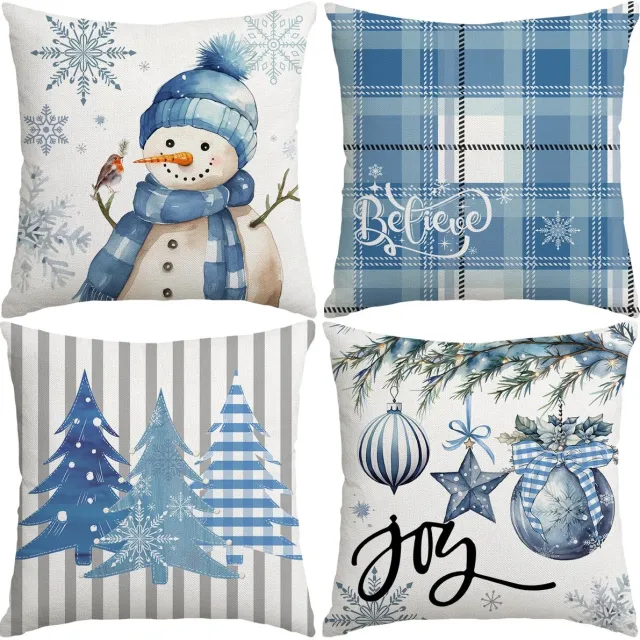 Unyqoos Set van 4 decoratieve kerstkussenslopen met winterse ontwerpen en verborgen ritssluiting blauw