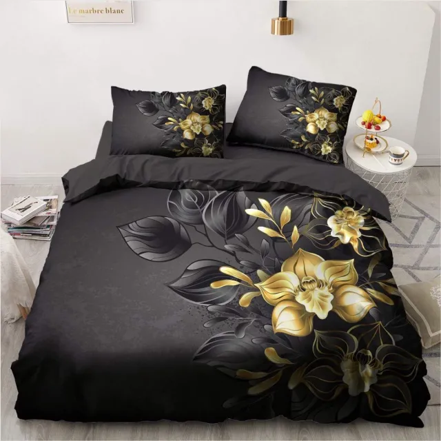 Ibenzoa Zachte Microvezel Dekbedovertrek Zwart Goud Romantische Bloemen + Kussensloop
