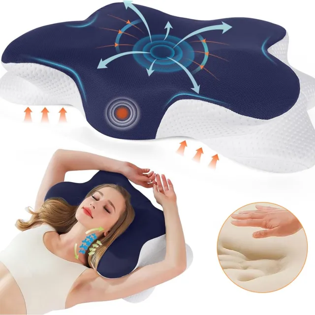 NCRealher Nekkussen - Orthopedisch Kussen Van Traagschuim - Hoofdkussen - Ergonomisch Gevormd Bedkussen - Voor Zij- Rug- En Buikslapers Marineblauw En Wit