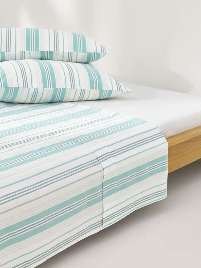 Westwing Collection Katoenen perkal laken Hildy Turquoise, Wit