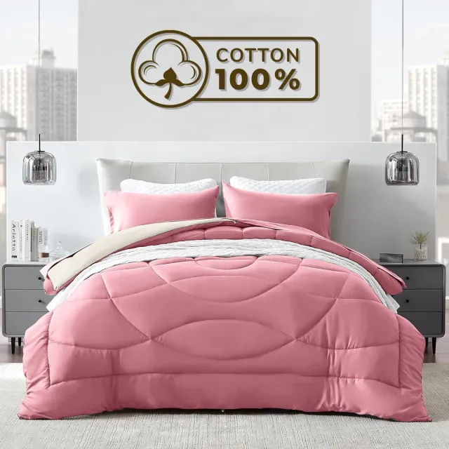 Sleep comfy Cottiva Series - All Year Dekbed zonder overtrek -Roze & Crème | 200x200 cm - Wasbaar hoesloos dekbed - Binnen & Buiten - 100% Katoen - Met Kussenslopen| Dekbed in Kleur - OEKO Green - Droogt Snel