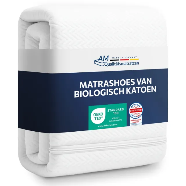 AM Qualitätsmatratzen Hoogwaardige Organic-Cotton Matrashoes 100x200cm met ritssluiting - 14 cm Kernhoogte - Allergeen vrij - Wasbaar op 60 graden - 4-zijdige ritssluiting - 100 x 200 Wit