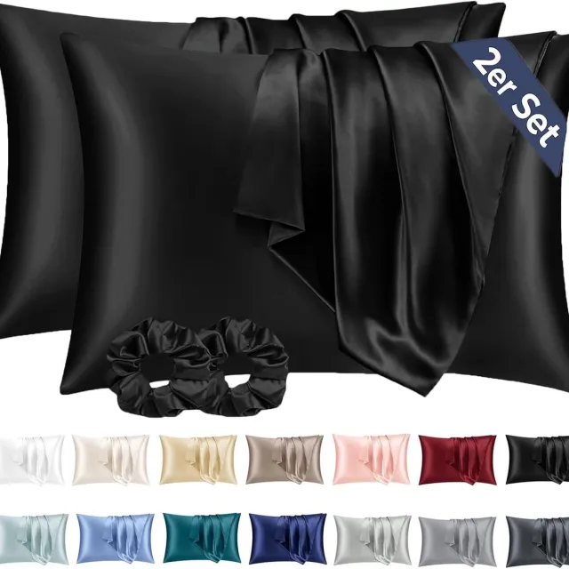 Vellaro Satijnen kussensloop - Zwart - 70 x 40 cm - Satijn Polyester - Set van 2 met Haarbandjes voor Haar en Huid