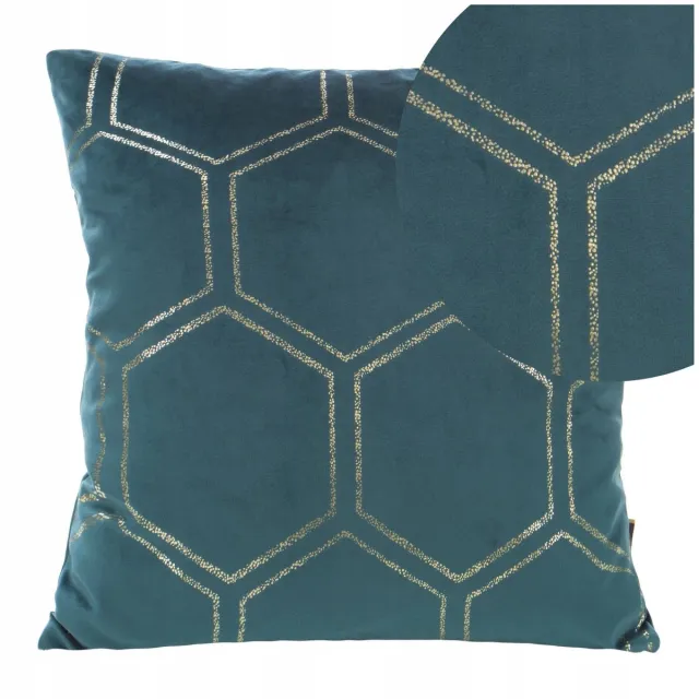 Eurofirany Decoratieve Kussenhoes BLINK 45x45cm - Zacht Velours Donker turkoois met gouden print