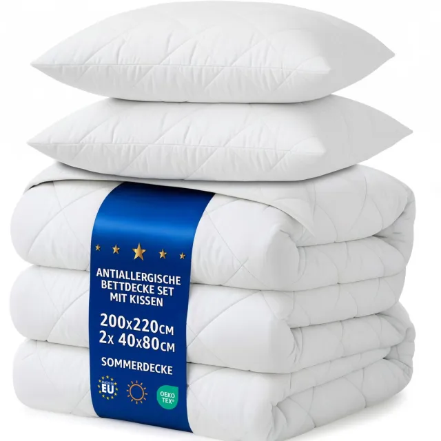 Amazinggirl Dekbed zonder overtrek 220 x 200 cm - zomerdekbed Gewatteerd en Microvezel dekbedden naar bed Set: Dekbed 200 x 220 cm met 2 kussens 40 x 80 cm Oeko-Tex Wit