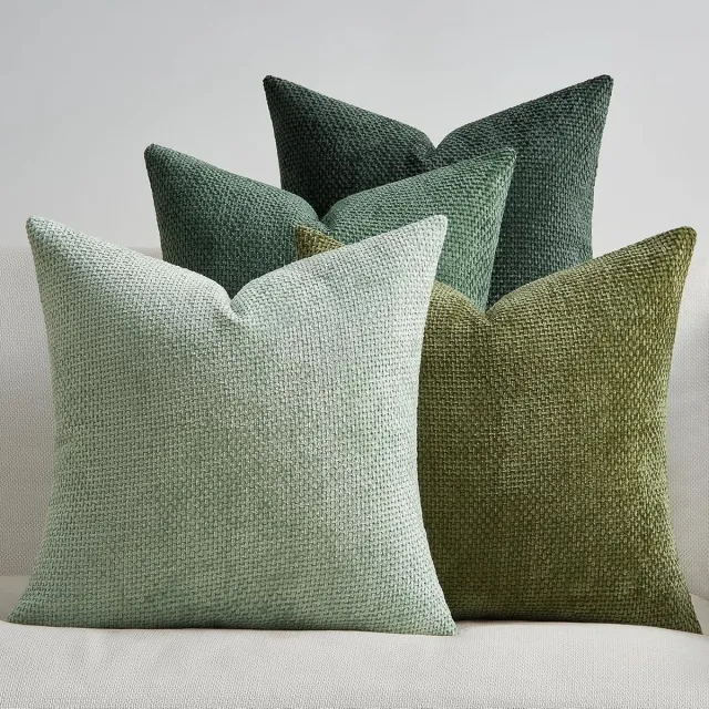 Famanu Chenille kussenhoezen 50x50 cm groen set 4, moderne decoratieve kussenhoezen, woonkamer slaapkamer serie Groener