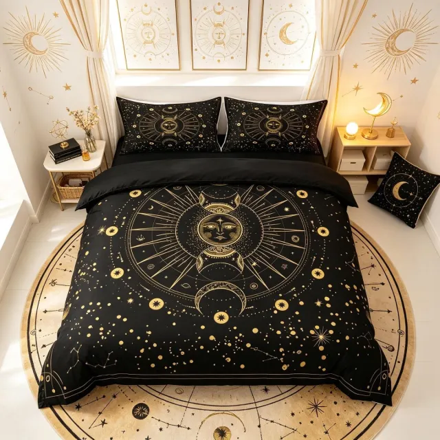 Famanu Boheemse beddengoed set met dekbedovertrek voor king size, maan en sterren design in goudkleurig zwart
