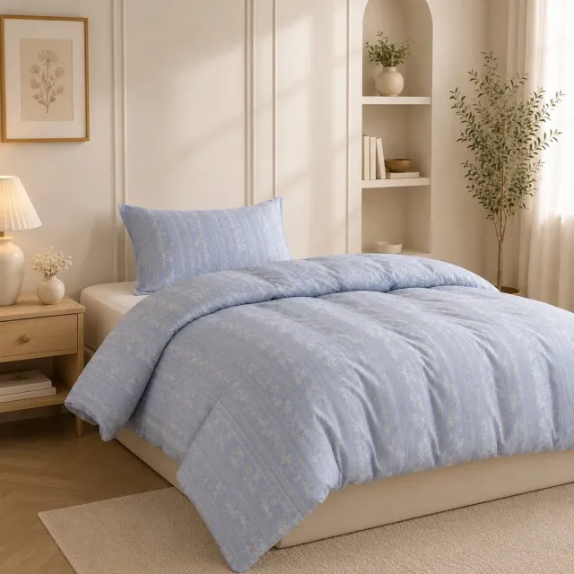 Lano&Go Beddengoedset 155x220 cm, blauw-wit bloemen en bladeren, omkeerbaar dekbedovertrek met ritssluiting en 1 kussensloop 80x80 cm, microvezel, OEKO-TEX gecertificeerd