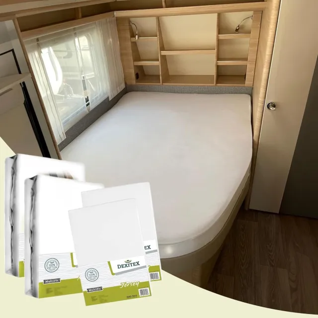 dexitex Textielpakket Frans bed/ 2 x Molton / 2 x WIT Hoeslakens /RECHTS geschikt voor Caravan of Camper 2x molton/ 2 x wit hoeslaken