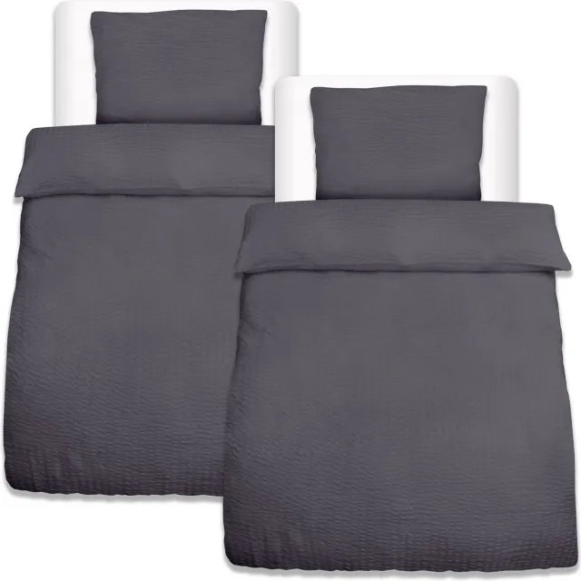 Beautissu Meline Seersucker Dekbedovertrek Set 155x220 cm & Kussensloop 80x80 cm met Rits Zomer Beddengoed Antraciet Ademend & Huidvriendelijk Zwart