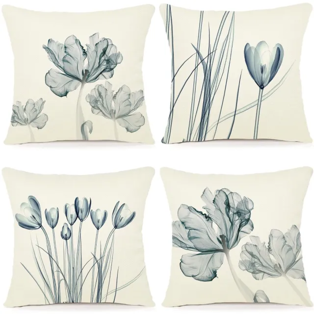 Unyqoos ® Set van 4 Bloemenpatroon Kussenhoezen voor Binnen en Buiten, 40 x 40 cm blauw