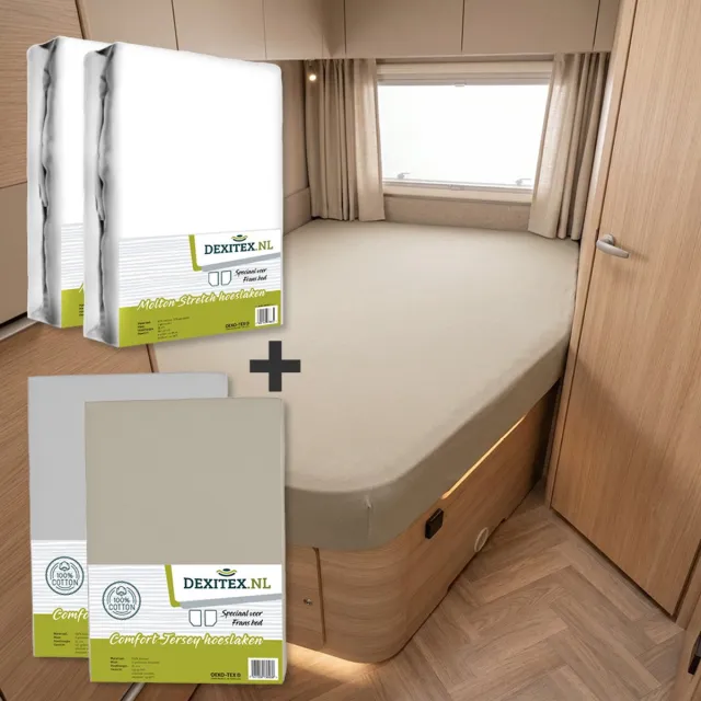 dexitex Textielpakket Frans bed/ 2 x Molton/ 2 x Hoeslakens ( 1 x Lichtgrijs + 1 x Zandkleur ) /RECHTS geschikt voor Caravan en Camper 2 x molton + 2 x hoeslaken ( lichtgrijs + zandkleur)