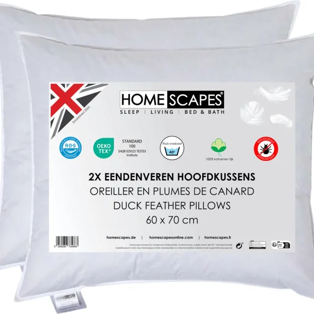 Homescapes Hoofdkussens 60x70 cm – Set van 2 – Medium Zacht – 100% Eendenveren – Anti-Allergisch – Voor Zijslaper & Nekklachten – Oeko‑Tex Gecertificeerd Wit