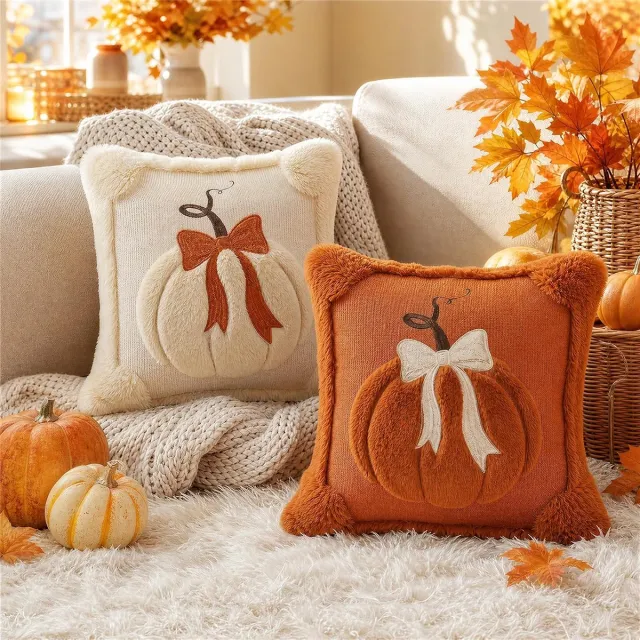 KZQ Herfst pompoen kussenhoezen set van 2 oranje en wit 45x45 cm voor halloween en herfstdecoratie