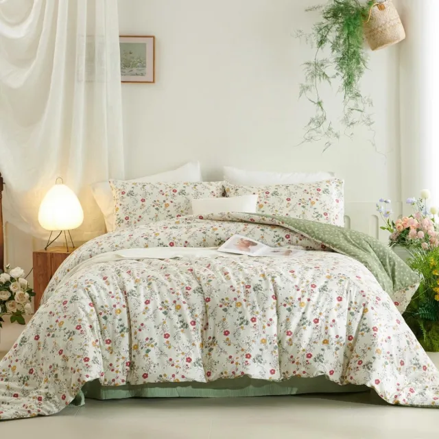 Ibenzoa Omkeerbare katoenen beddenset met bloemenpatroon voor kinderen en meisjes Beige