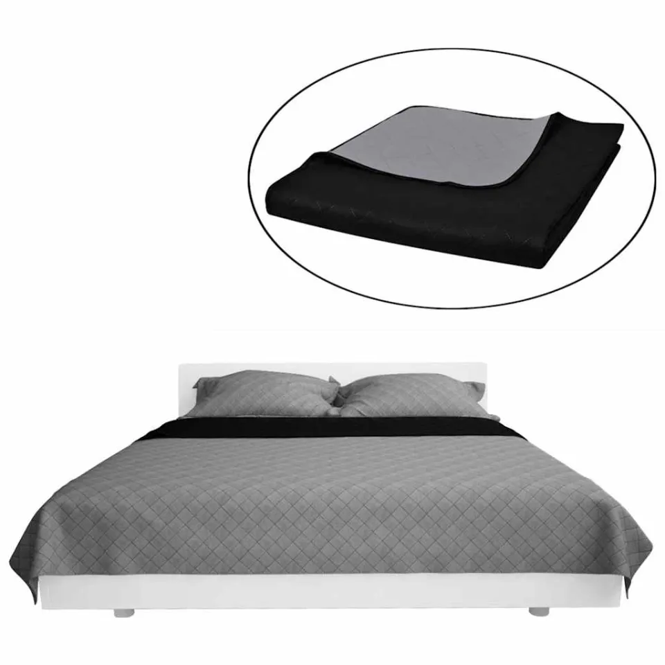 vidaXL Bedsprei gewatteerd dubbelzijdig 230x260 cm zwart/grijs, foto 3