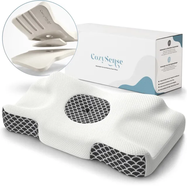 CozySense Hoofdkussen - Verstelbaar Memory Foam Pillow - Traagschuim Slaapkussen - Zij- Rug & Buikslaper - 3-Lagensysteem - Orthopedisch Vlinderkussen - Bamboe Hoes Wit & Grijs