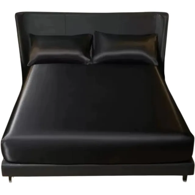 rimmo 100% Polyester Satijnen Bedlinnen Set - 3-delige Fitted Sheet en Kussenslopen met Elastische Band - Geschikt voor Queen, 152x203 cm - Matrassenhoes, Beddegoed, Kussensloop Set Zwart