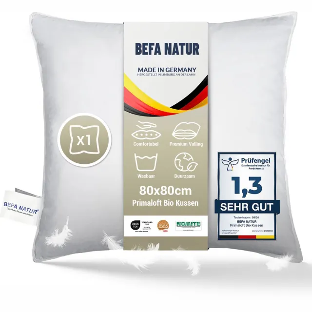 BEFA Natur Made in Germany hoofdkussen 80x80 cm, met Primaloft Bio microvezelvulling, wit, vulgewicht: 1500 g. Geschikt voor mensen met een allergie (nomite), Öko-Tex 100, biologisch afbreekbaar
