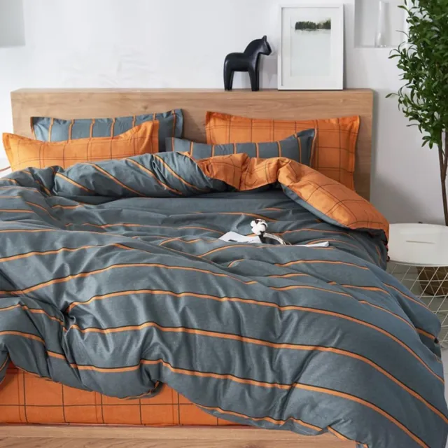 Famanu Dekbedovertrekset microvezel 3-delig tartan patroon oranje grijs Oranje Grijs.