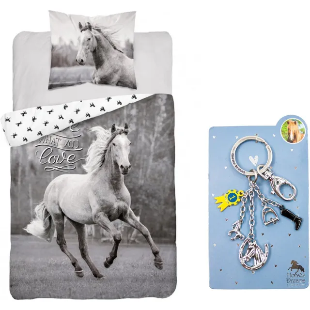 Carbotex Dekbedovertrek - Love what you love - 100% katoen - 140x200 cm - zwart/wit - inclusief metalen sleutelhanger paard