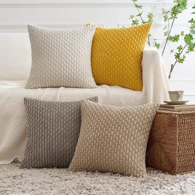 Famanu Set van 4 corduroy kussenslopen, decoratieve kussenhoezen, moderne bankkussensoop, kussens, bankkussens voor bank, sierkussen, woonkamer, slaapkamer, 50 x 50 cm, bruin gele serie