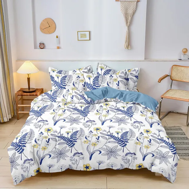 JGS ® Comfortabel en Stijlvol Beddengoed met Bladeren en Bloemenpatroon voor Alle Seizoenen blauw