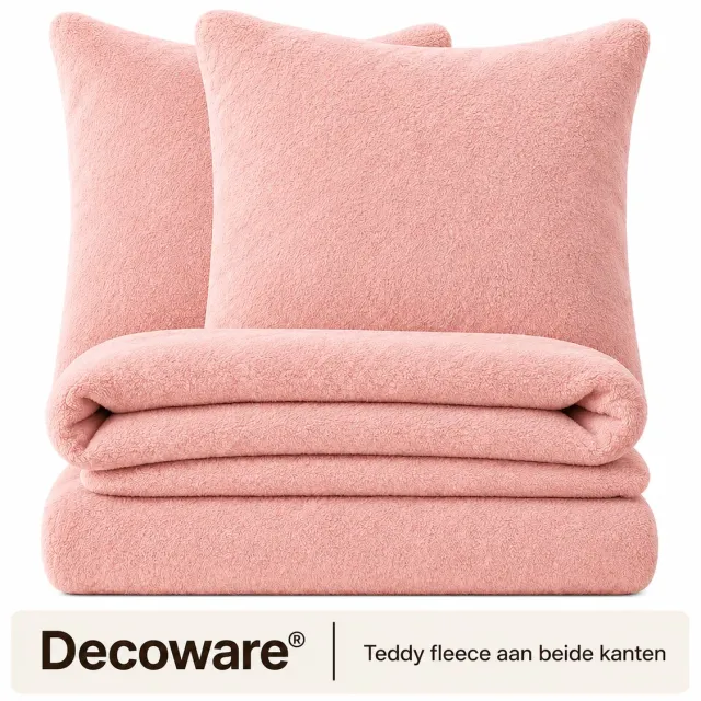 decoware teddy fleece dekbedovertrek - licht roze - lits-jumeaux - 240x220 cm - 60x70 cm - kussenslopen