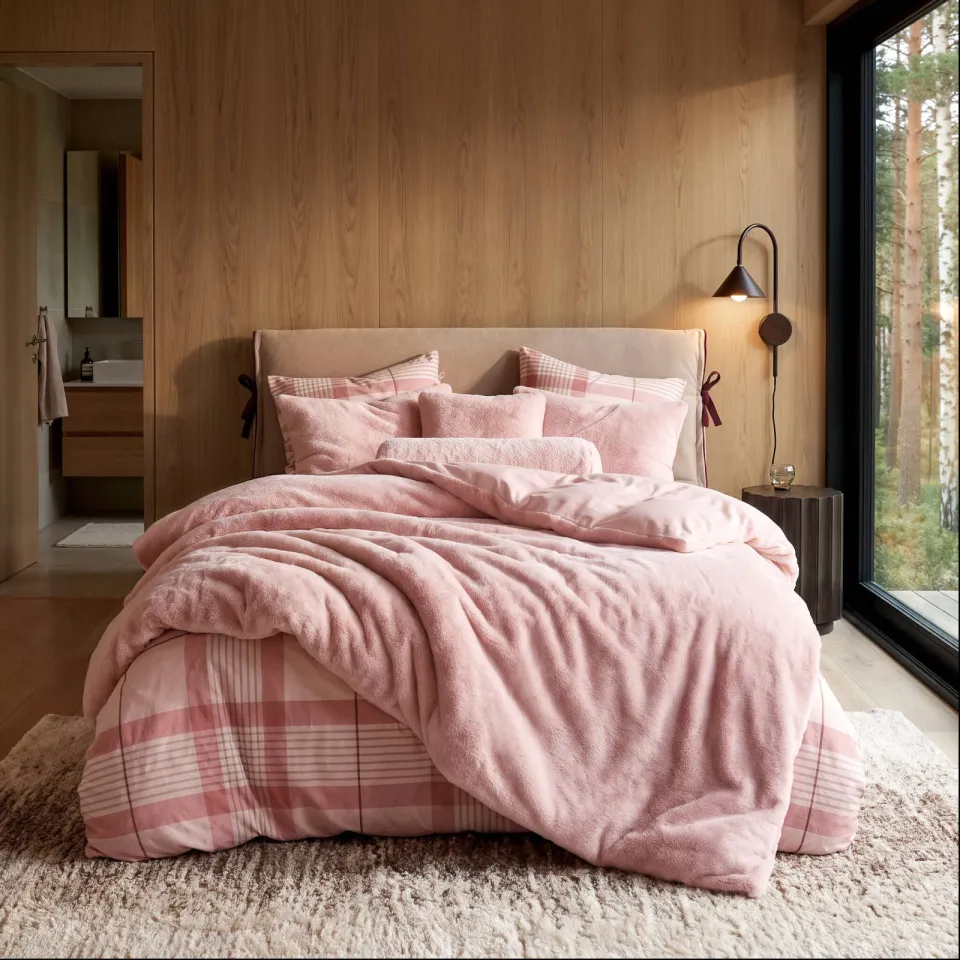 NOUS Living flanellen geruite lits-jumeaux dekbedovertrek roze, foto 4