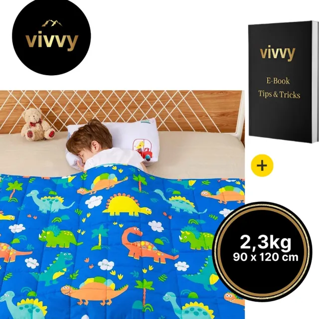 Vivvy Verzwaringsdeken Kind 2 In 1 - Zware Deken Wasbaar - Weighted Blanket Comfortabel - 100% Tevredenheidsgarantie - Dinosaurus Editie - 2.3 Kg - 90*120 Cm Blauw