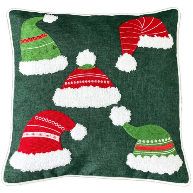 DeHome Kerst Kussenhoes 40x40 cm - Kerstmutsen Collectie Groen
