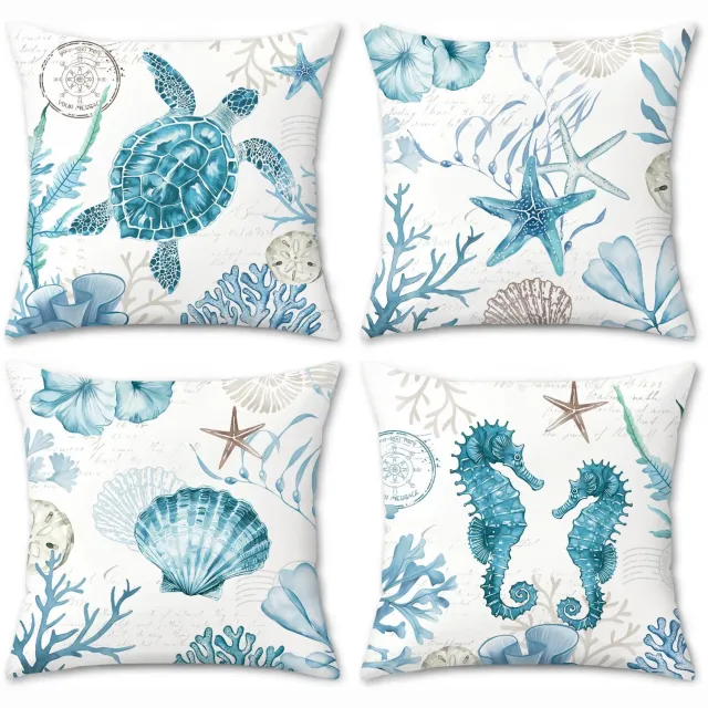 Famanu Set van 4 fluwelen kussenhoezen 45 x 45 cm met zeekustthema, decoratieve hoezen voor slaapbank en terras, met schildpad, zeeschelp en zeester wit