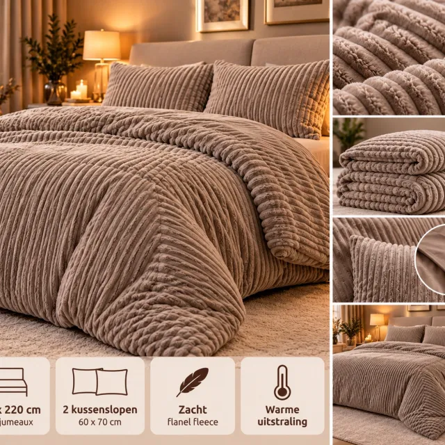 BeGoods Dekbedovertrek – Luxe Teddy Fleece Rib – Taupe – Heerlijk Zacht & Warm – Inclusief 2 Kussenslopen