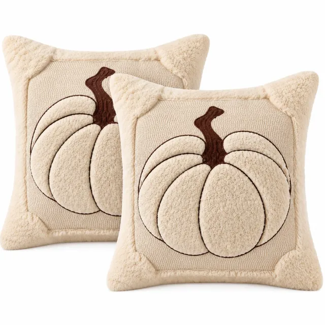 Bobypet Woondecoratie - Herfst Kussenhoezen 45x45 cm - 2 Set - Zachte Pluche Pompoen Sierkussenhoezen - Met Onzichtbare Rits - Voor Bank Woonkamer en Herfst Decoratie - Beige