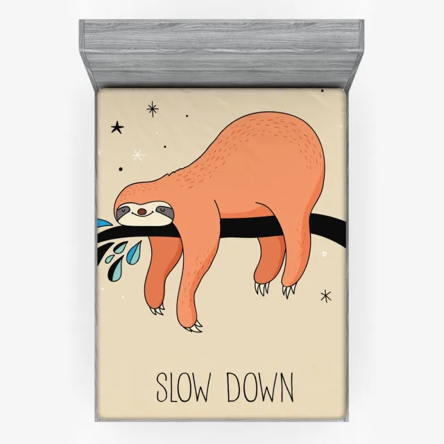 ABAKUHAUS Sloth Fitted Sheet, Sleepy Sloth Cartoon, zacht stoffen beddengoed rondom elastiek, 135 x 190 cm, oranje beige