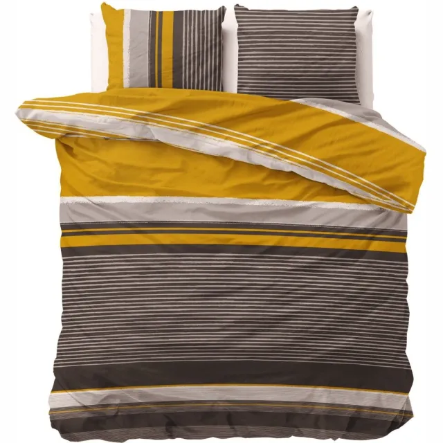 CL 2-persoons dekbedovertrek (dekbed hoes) goud geel (okergeel) gestreept met smalle strepen / banen in het zwart, wit en antraciet grijs GEMENGD KATOEN tweepersoons 200 x 220 cm (modern beddengoed slaapkamer)