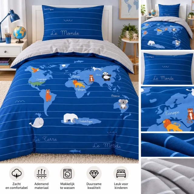 Cotton Touch Animal Worldmap Blauw