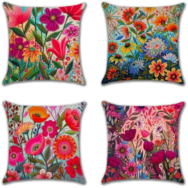 Famanu Kussenslopen set van 4, 40 x 40 cm, linnen met kleurrijke bloemen, decoratieve kussens voor woonkamer, slaapkamer en tuin Zwart