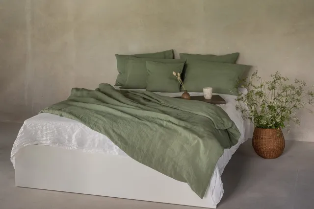 Ibenzoa Luxe Linnen Beddengoedset van 100% Natuurlijk Linnen met Stonewashed Afwerking en Hotelsluiting groen