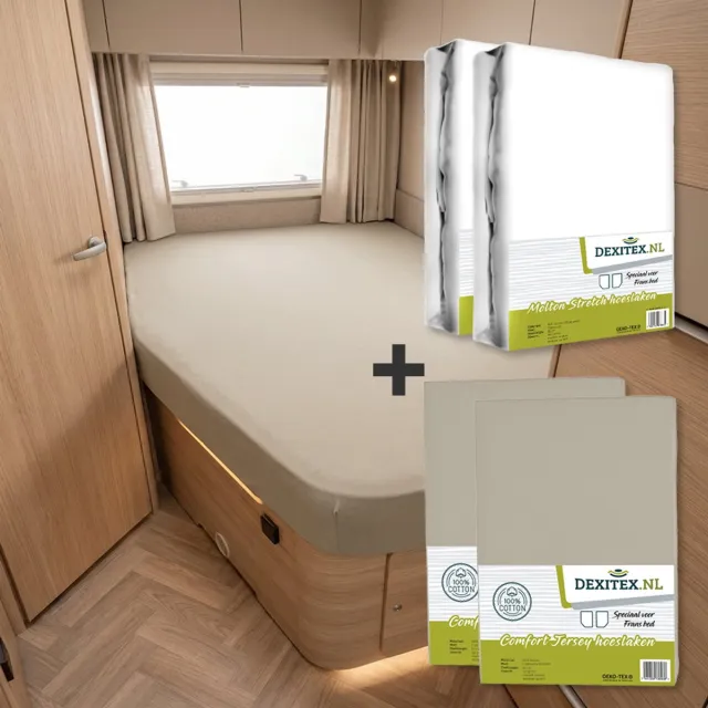 dexitex Textielpakket Frans bed - 2 moltons met 2 hoeslakens - links - 2 x Zandkleur 2 x molton/ 2 x zandkleur hoeslaken